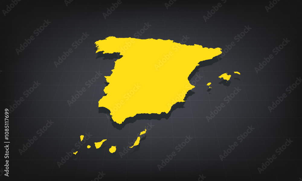 Obraz premium Yellow 3D Map of spain on a Dark Background, Displaying Geographical Shape and Borders for Educational and Informational