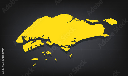 Yellow 3D Map of singapore on a Dark Background, Displaying Geographical Shape and Borders for Educational and Informational