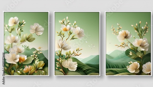 Tranquil Beauty: Set of Three 3D Floral Murals with Green and Mountain Motifs