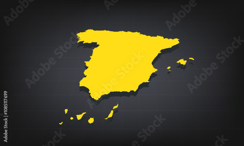 Yellow 3D Map of spain on a Dark Background, Displaying Geographical Shape and Borders for Educational and Informational