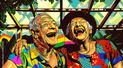 An elderly gay couple shares joyful laughter while dressed in summer clothes under a colorful pergola, surrounded by geometric patterns and hints of a pride flag in the garden photo