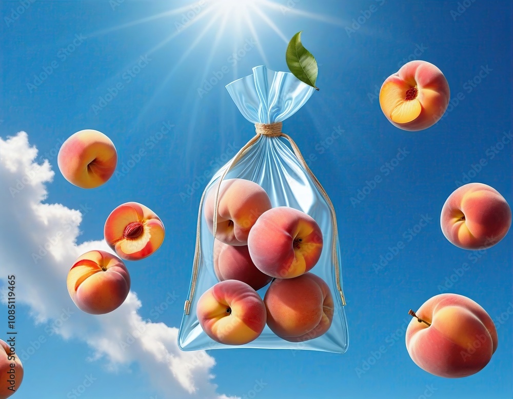 A bag of peaches is floating in the air A bag of peaches is floating in the air