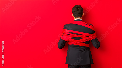 Businessman bound by red tape corporate office conceptual image bold colors back view struggles with regulations photo