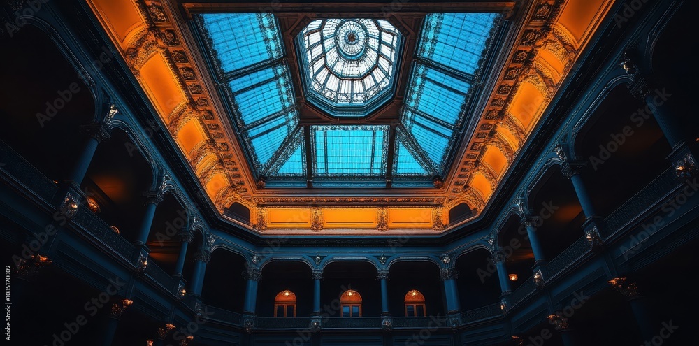 Obraz premium Skylight adorned with intricate ornamental glasswork, casting vibrant patterns across the sunlit room.