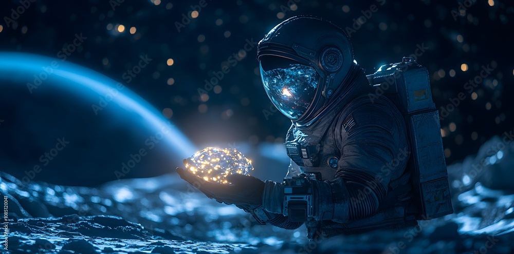 An astronaut holding a glowing orb in space, symbolizing exploration and knowledge. An astronaut holding a glowing orb in space, symbolizing exploration and knowledge.