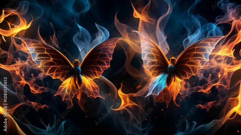 Dance of glowing butterflies in an energy flame Dance of glowing butterflies in an energy flame