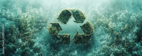 Green Recycling Symbol in Lush Underwater Forest photo