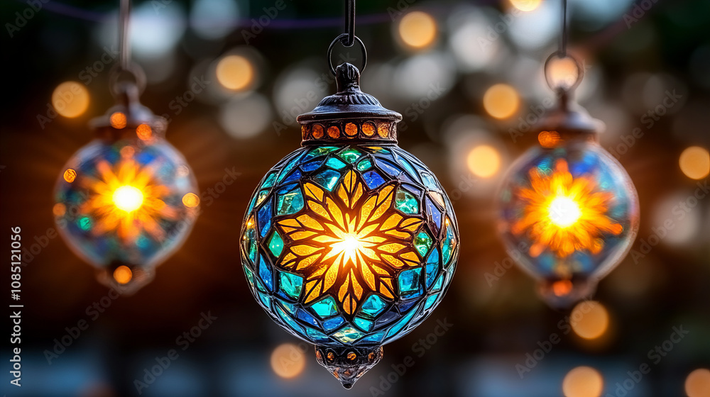 Fototapeta premium Colorful lanterns glowing with intricate designs create warm ambiance, perfect for festive celebrations. vibrant colors and patterns enhance joyful atmosphere