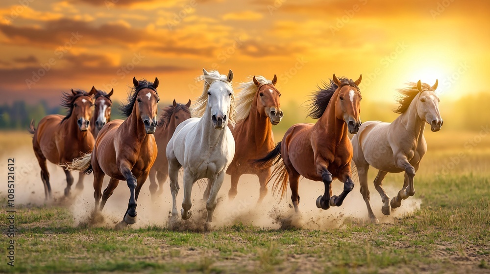 A majestic group of horses gallops across a sunlit field, creating a dynamic scene filled with movement and energy. A majestic group of horses gallops across a sunlit field, creating a dynamic scene filled with movement and energy.