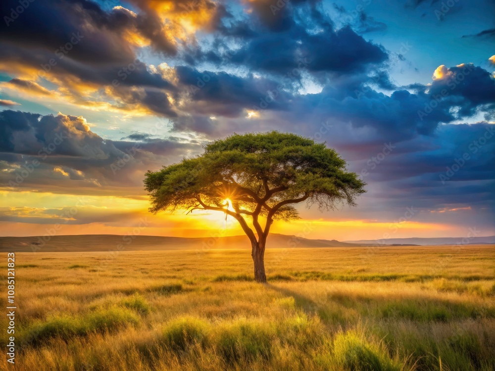 Serene African Sunset Landscape with Lone Tree in Grasslands Serene African Sunset Landscape with Lone Tree in Grasslands