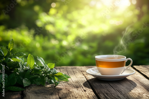 Tea cup on wooden table background with blurry garden and green leaves, soft sunlight