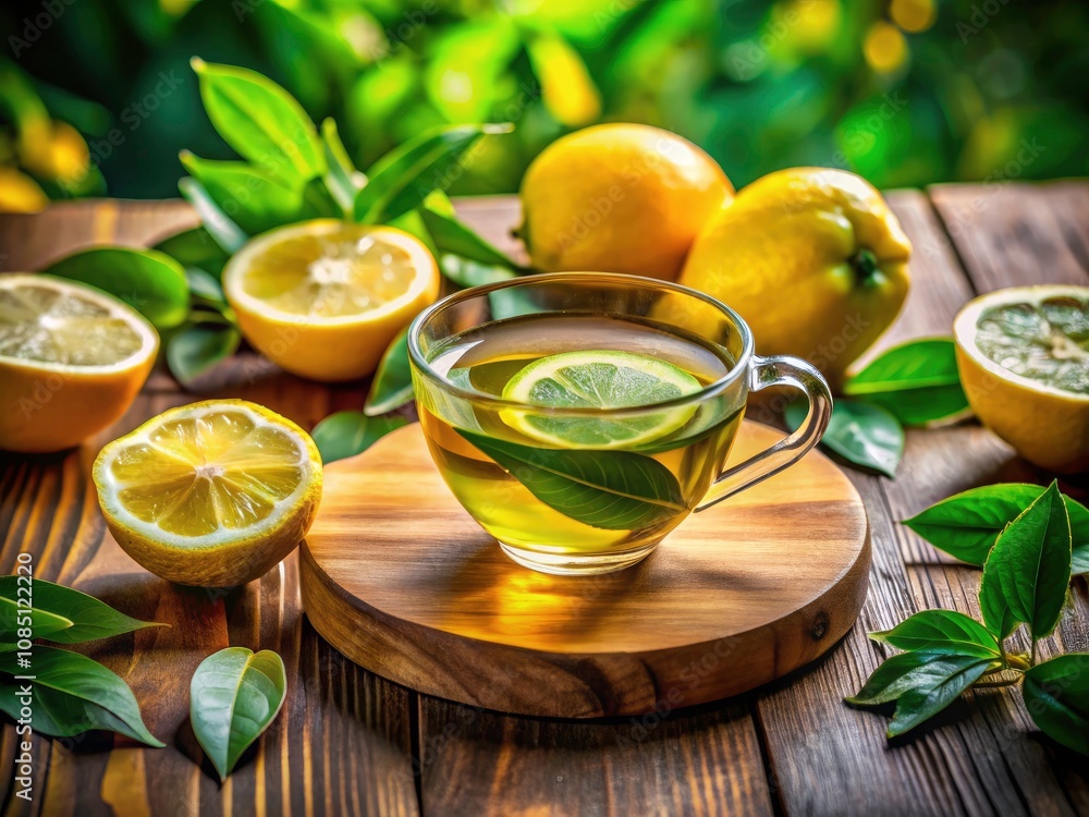 Serene Green Tea Bowl with Fresh Lemons and Leaves for Wellness and Relaxation Themes Serene Green Tea Bowl with Fresh Lemons and Leaves for Wellness and Relaxation Themes
