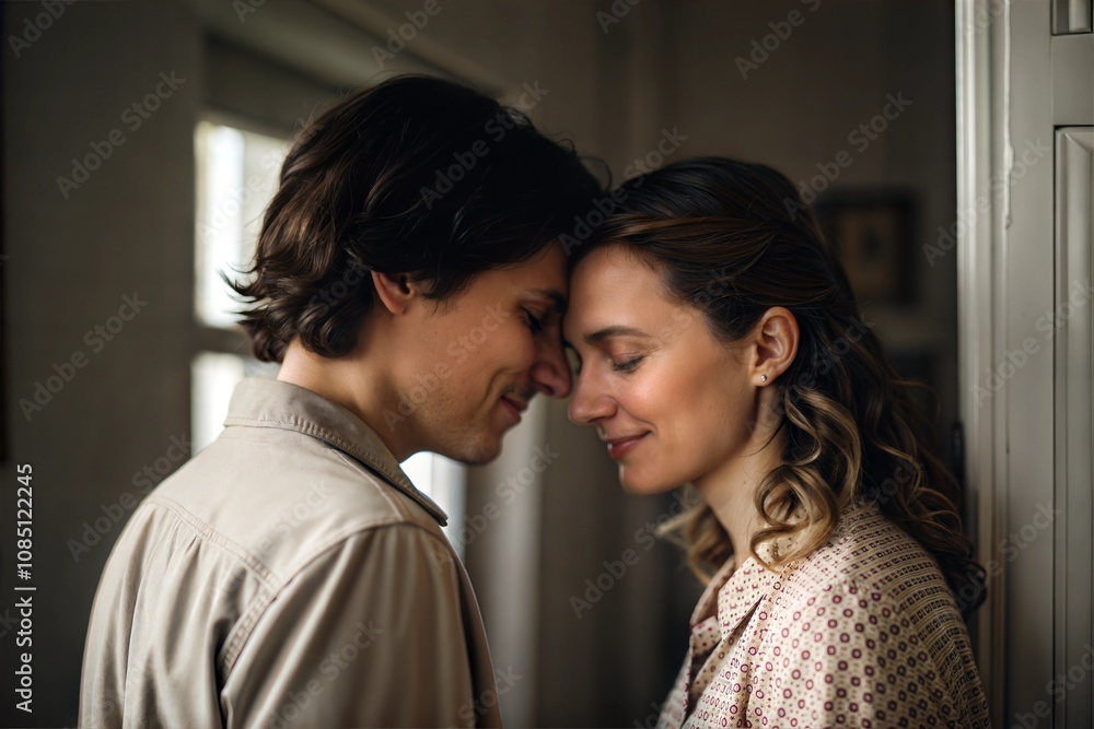 Romantic couple sharing a whisper with foreheads touching in a cozy indoor atmosphere Romantic couple sharing a whisper with foreheads touching in a cozy indoor atmosphere