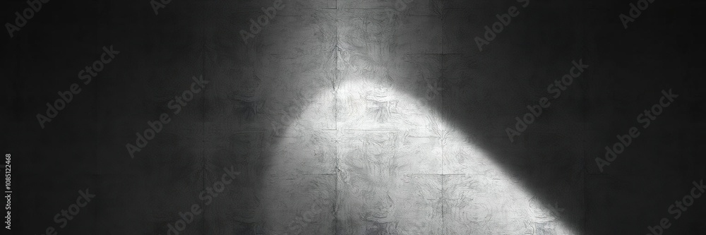 Naklejka premium Dark gray concrete wall with spotlight effects casting triangular shadows on a smooth surface, urban interior, dimly lit space, architectural feature
