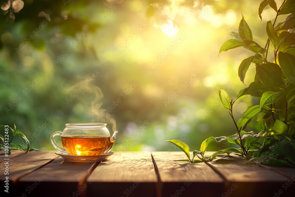 Tea cup on wooden table background with blurry garden and green leaves, golden soft sunlight, product photo Tea cup on wooden table background with blurry garden and green leaves, golden soft sunlight, product photo
