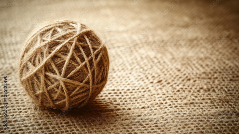 Close-up of a Ball of Yarn on Burlap Fabric