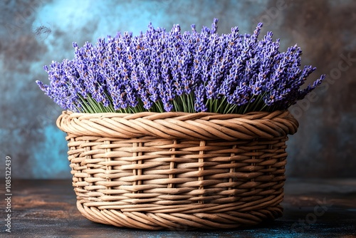 A woven basket filled with vibrant lavender flowers against a textured background. photo