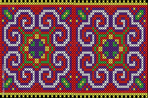 This image depicts a traditional textile pattern that is deeply rooted in cultural heritage, possibly inspired by the embroidery styles of the Hmong or other indigenous ethnic groups