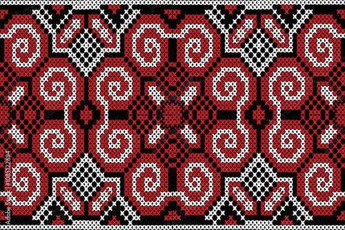 This image depicts a traditional textile pattern that is deeply rooted in cultural heritage, possibly inspired by the embroidery styles of the Hmong or other indigenous ethnic groups