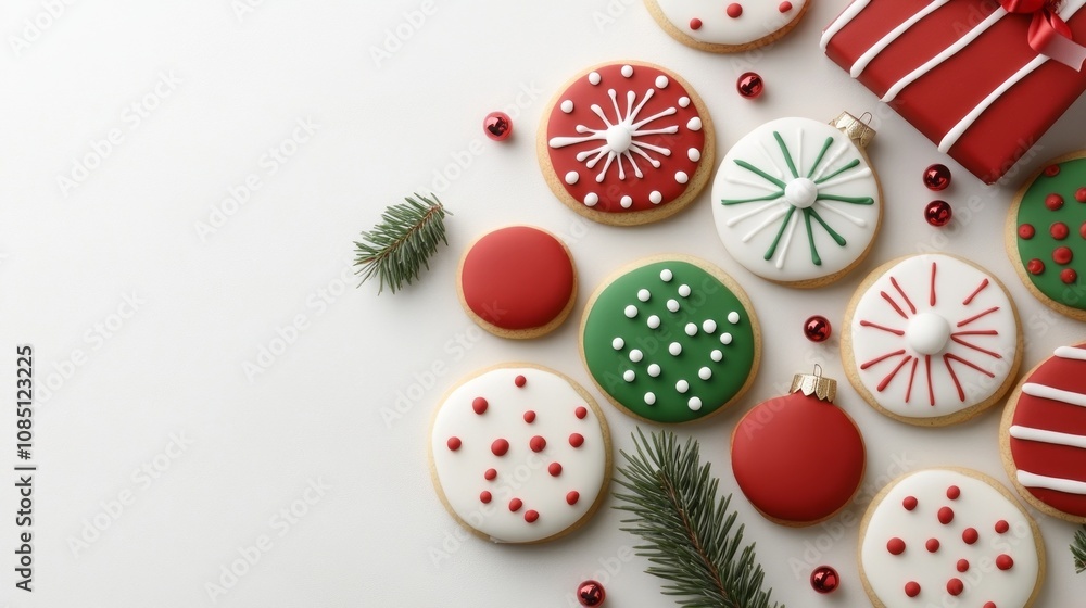 A festive arrangement of decorated Christmas cookies, featuring vibrant colors and seasonal motifs, set alongside a wrapped gift and holiday greenery. A festive arrangement of decorated Christmas cookies, featuring vibrant colors and seasonal motifs, set alongside a wrapped gift and holiday greenery.