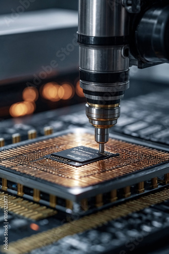 Close-up of silicon die being removed from wafer and attached to substrate using digital device. Manufacturing computer chips in semiconductor factory. Electronic industry concept. Copy ad text space photo