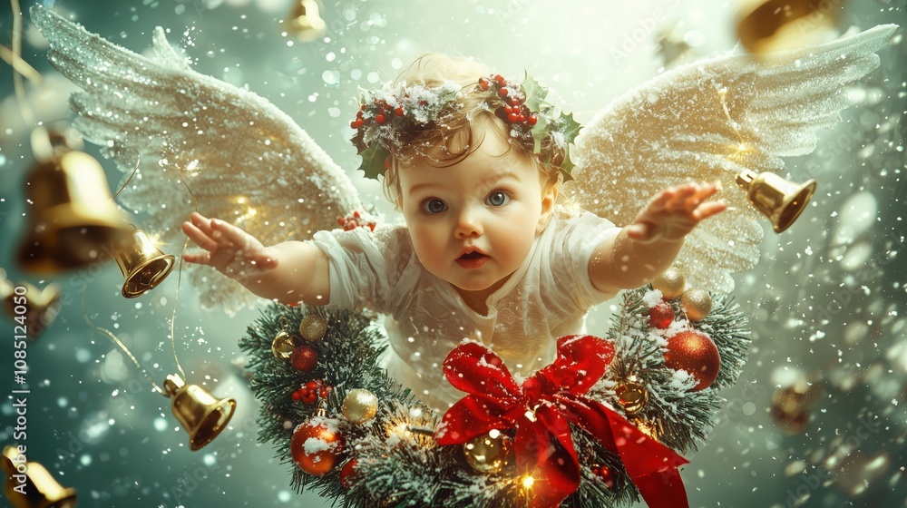 Cupid Flying Around Glowing Christmas Wreath with Bells Cupid Flying Around Glowing Christmas Wreath with Bells