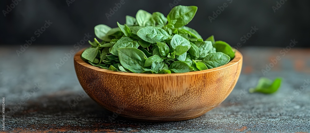 A wooden bowl filled with fresh green spinach leaves on a textured surface. A wooden bowl filled with fresh green spinach leaves on a textured surface.
