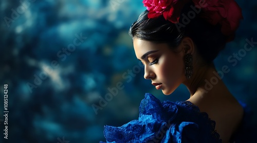 Blue Outfit Flamenco Dancer Posing with Poise and Elegance Image