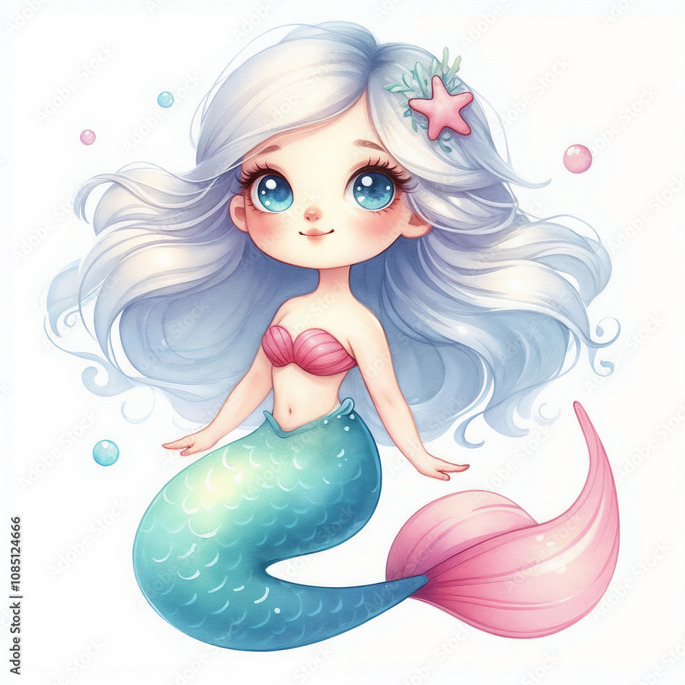 Cute cartoon mermaid on white background. AI