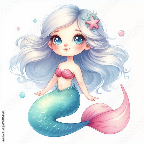 Cute cartoon mermaid on white background. AI