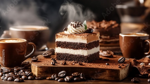 A vibrant coffee dessert showcase featuring tiramisu, coffee-infused cakes, and pastries surrounded by steaming espresso cups on a polished wooden table 