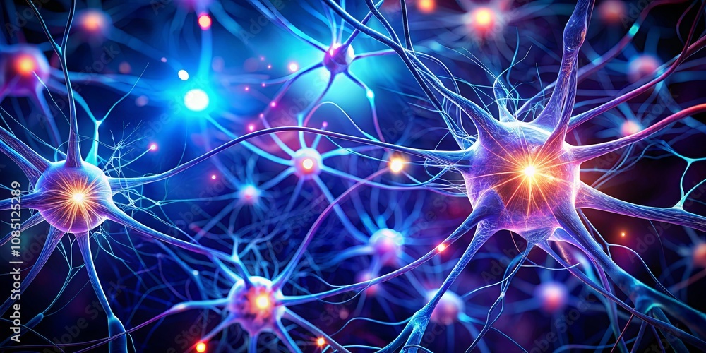 Detailed View of Neurons and Synapses in a Colorful Digital Rendering, Showcasing Neural Connections and Activity Within the Human Brain, Abstract Concept of Neurobiology and Cognition Detailed View of Neurons and Synapses in a Colorful Digital Rendering, Showcasing Neural Connections and Activity Within the Human Brain, Abstract Concept of Neurobiology and Cognition