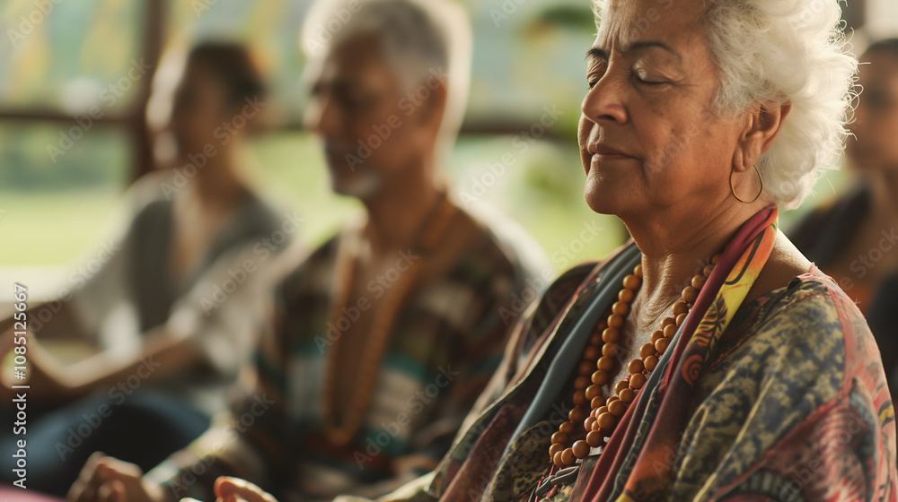 Obraz premium In the soft glow of morning light, a bisexual elder guides a meditation group, embodying serenity and wisdom while participants focus on inner peace and connection