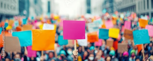 A vibrant protest scene with diverse people holding colorful signs, advocating for change and raising awareness.