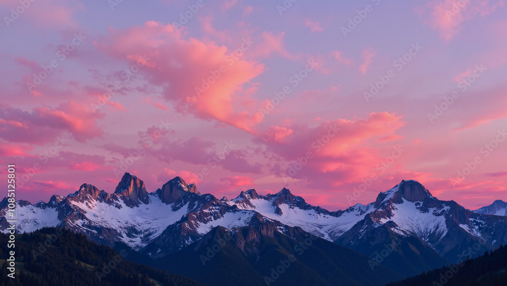 Obraz premium Majestic pink and purple sunset over peaks