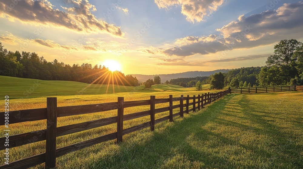 Fototapeta premium Sun Setting Over a Rolling Green Field