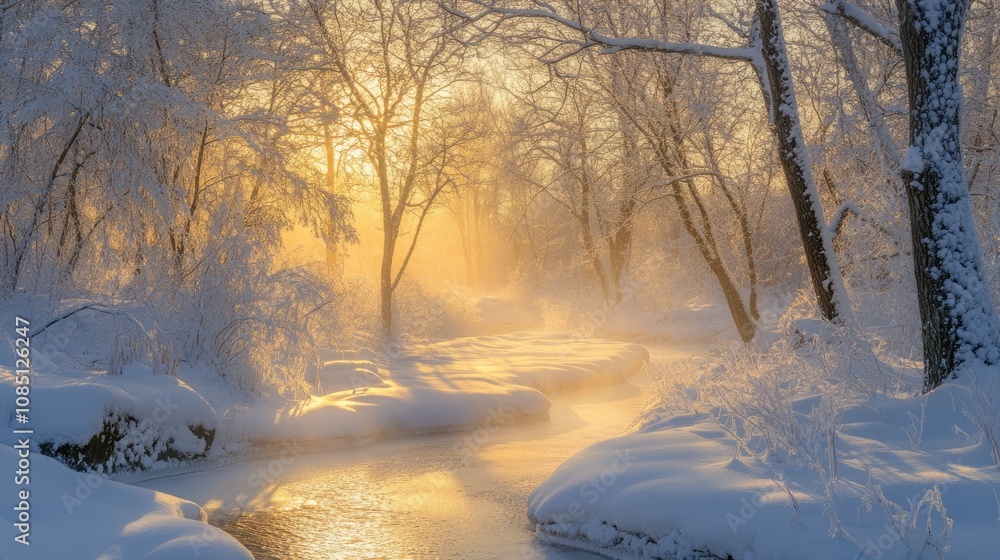 Sunrise Through a Snowy Forest and River Sunrise Through a Snowy Forest and River