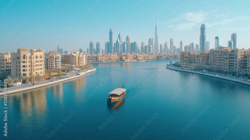 Fototapeta premium dubai Travel Landscape. A stunning cityscape of Dubai featuring modern skyscrapers, the Burj Khalifa, and a serene waterfront with a traditional boat gliding through the water.