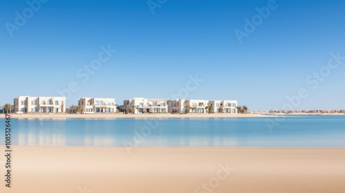 dubai Travel Landscape. A tranquil beachfront scene featuring modern architecture, clear blue water, and a cloudless sky, creating a serene and inviting atmosphere.