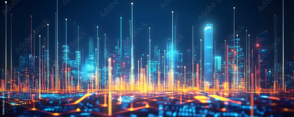 Digital cityscape with abstract lines and glowing lights Digital cityscape with abstract lines and glowing lights
