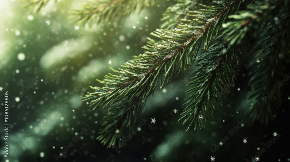 Close-up of snowy fir tree branches with delicate falling snowflakes Close-up of snowy fir tree branches with delicate falling snowflakes
