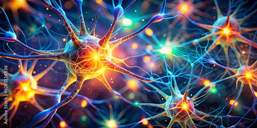 Vibrant Close-Up View of Complex Neural Network with Glowing Neurons and Colorful Synapses to Illustrate Brain Function and Connectivity in Neurological Studies Vibrant Close-Up View of Complex Neural Network with Glowing Neurons and Colorful Synapses to Illustrate Brain Function and Connectivity in Neurological Studies