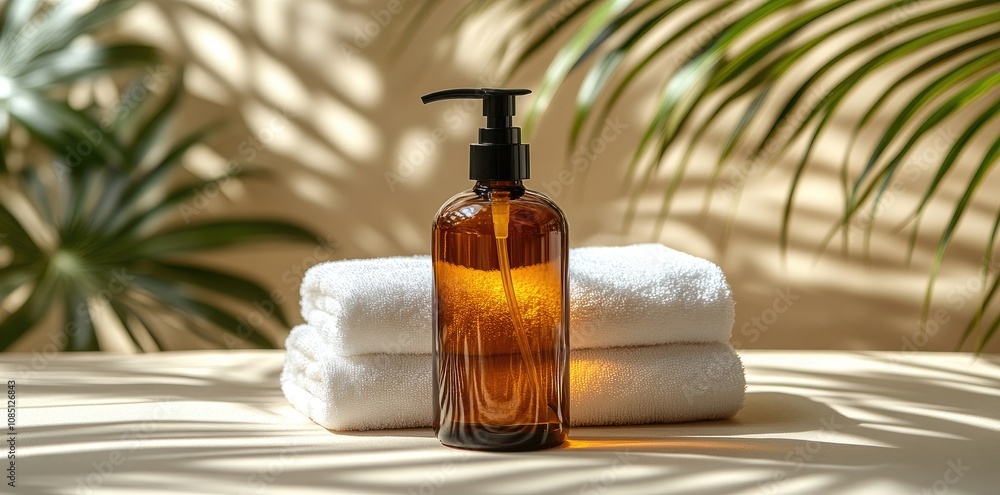 Liquid Soap Bottle on Stack of Towels with Sunlit Greenery for Relaxing Ambiance Liquid Soap Bottle on Stack of Towels with Sunlit Greenery for Relaxing Ambiance