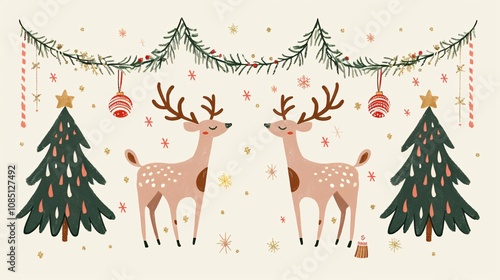Cozy winter wonderland scene with deer fir trees and traditional Christmas ornaments and Festive magical and enchanting holiday background