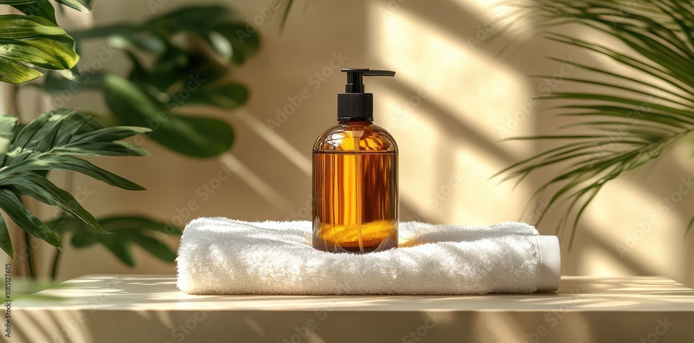 Liquid Soap Bottle on Towels with Green Leaves in a Bright, Natural Bathroom Liquid Soap Bottle on Towels with Green Leaves in a Bright, Natural Bathroom