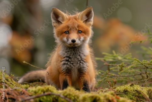 A cute red fox cub in the forest, looking at the camera, on a mossy ground