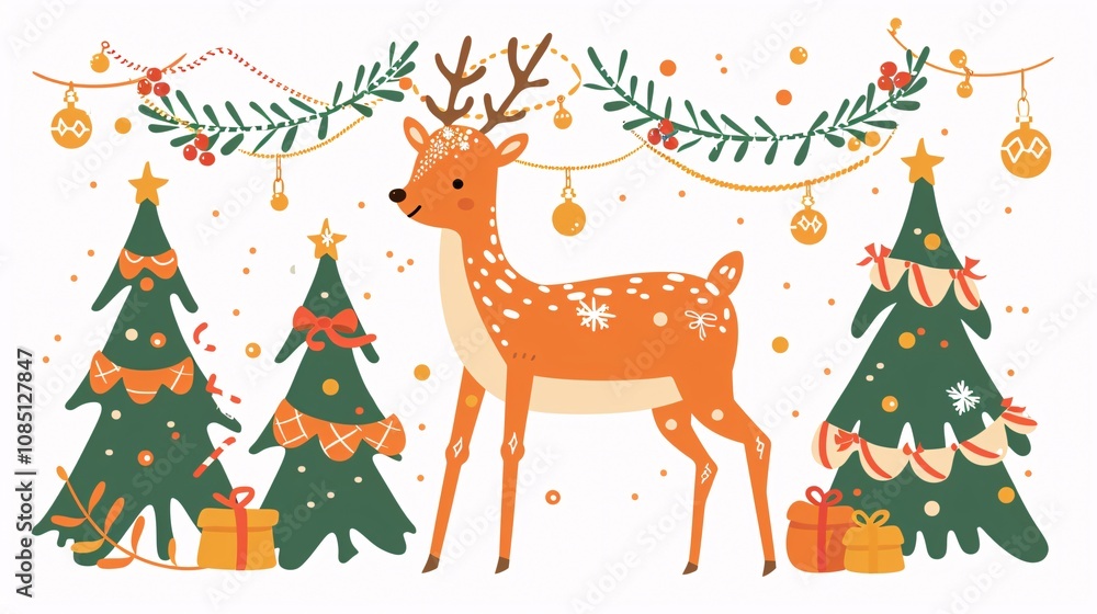Festive deer character standing in a whimsical winter wonderland scene with decorated Christmas trees hanging ornaments gifts and holiday Cozy and magical in vintage style Festive deer character standing in a whimsical winter wonderland scene with decorated Christmas trees hanging ornaments gifts and holiday Cozy and magical in vintage style