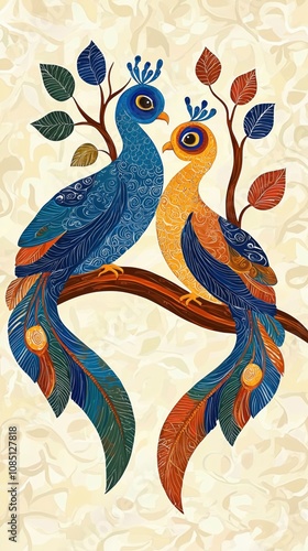 Madhubani Art: Minimalist Peafowls with Intricate Patterns