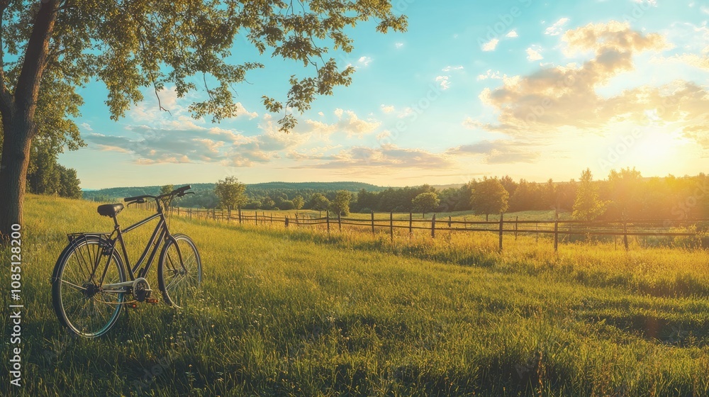 Naklejka premium Sunset Landscape with a Bicycle Resting Under a Tree
