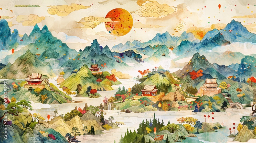 Idyllic autumn landscape with a quaint mountain village nestled amidst colorful forests surrounded by a serene lake and snow capped peaks in the distance Idyllic autumn landscape with a quaint mountain village nestled amidst colorful forests surrounded by a serene lake and snow capped peaks in the distance